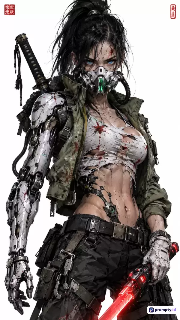 Gambar berstyle ilustrasi digital cyberpunk ini menampilkan karakter wanita pejuang bermasker gas dengan lengan robot dan pedang katana bercahaya, dengan kata kunci utama wanita cyborg, pejuang futuristik, dan sci-fi, yang didominasi oleh warna hijau zaitun, putih, dan hitam, serta menyiratkan kesan aksi distopia yang menegangkan.