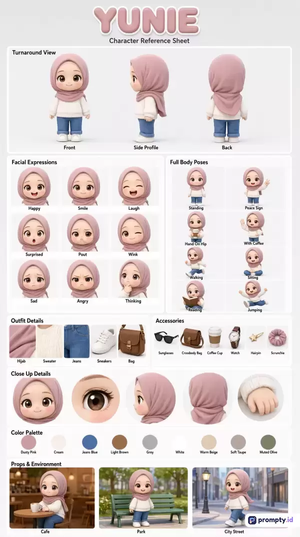 Gambar berformat lembar referensi karakter 3D bergaya chibi ini menampilkan karakter wanita berhijab bernama Yunie dengan gaya visual digital art yang imut, bersih, dan minimalis, serta memuat konten komprehensif berupa *turnaround view*, ekspresi wajah, pose tubuh, detail pakaian, aksesori, hingga palet warna bernuansa *dusty pink*, *jeans blue*, dan putih dengan kata kunci karakter hijab, *chibi 3D*, lembar referensi, desain karakter, dan ilustrasi modern.