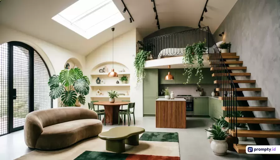 Gambar bergaya arsitektur modern kontemporer ini menampilkan interior rumah terbuka dengan mezzanine yang asri, dipenuhi konten berupa sofa lengkung cokelat, dapur hijau sage, tangga kayu elegan, dan tanaman hias rimbun, dengan kata kunci desain interior, ruang tamu modern, mezzanine, arsitektur kontemporer, dekorasi tanaman, dominasi warna hijau sage, cokelat kayu, dan putih krem, menciptakan suasana hunian yang hangat, estetik, serta menyatu dengan alam.