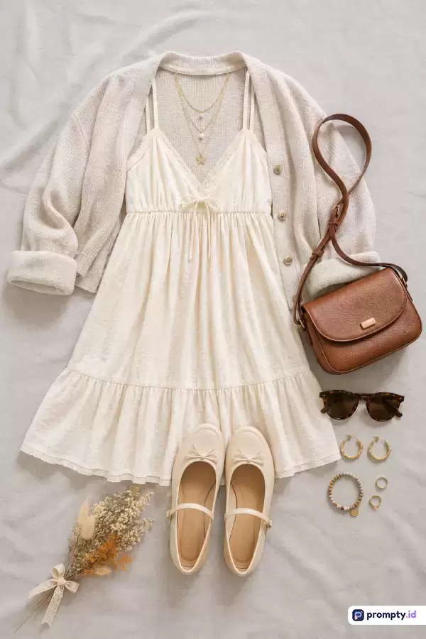 Gambar bergenre *flat lay photography* ini menampilkan konten busana wanita kasual bertema *coquette* dengan gaya estetik lembut yang disusun rapi di atas latar belakang kain abu-abu terang, menggunakan kata kunci seperti OOTD, *fashion*, *outfit*, *girly*, dan *vintage*, serta didominasi oleh warna putih tulang (off-white), cokelat karamel, dan krem muda.