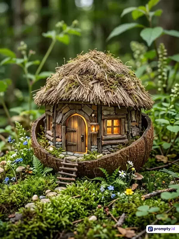 Gambar bergaya fotografi makro yang menampilkan miniatur rumah peri dari bahan alami seperti batu dan jerami yang diletakkan di dalam belahan tempurung kelapa di atas tanah berlumut hijau dikelilingi dedaunan hutan, dengan kata kunci seperti miniatur, rumah peri, alam, hutan, kerajinan, fantasi, dan estetika, serta didominasi oleh warna hijau, cokelat, dan kuning.