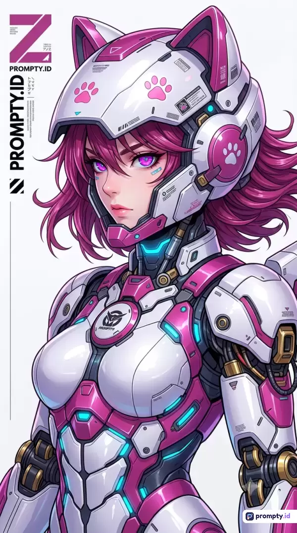 Gambar bergaya anime fiksi ilmiah ini menampilkan seorang karakter wanita cyborg berambut magenta dengan helm futuristik bertelinga kucing, mengenakan baju zirah mekanik putih-pink dengan aksen cahaya cyan terang, yang divisualisasikan melalui kata kunci mecha, sci-fi, anime, cyborg, dan futuristik, serta didominasi oleh warna putih, pink magenta, dan cyan.
