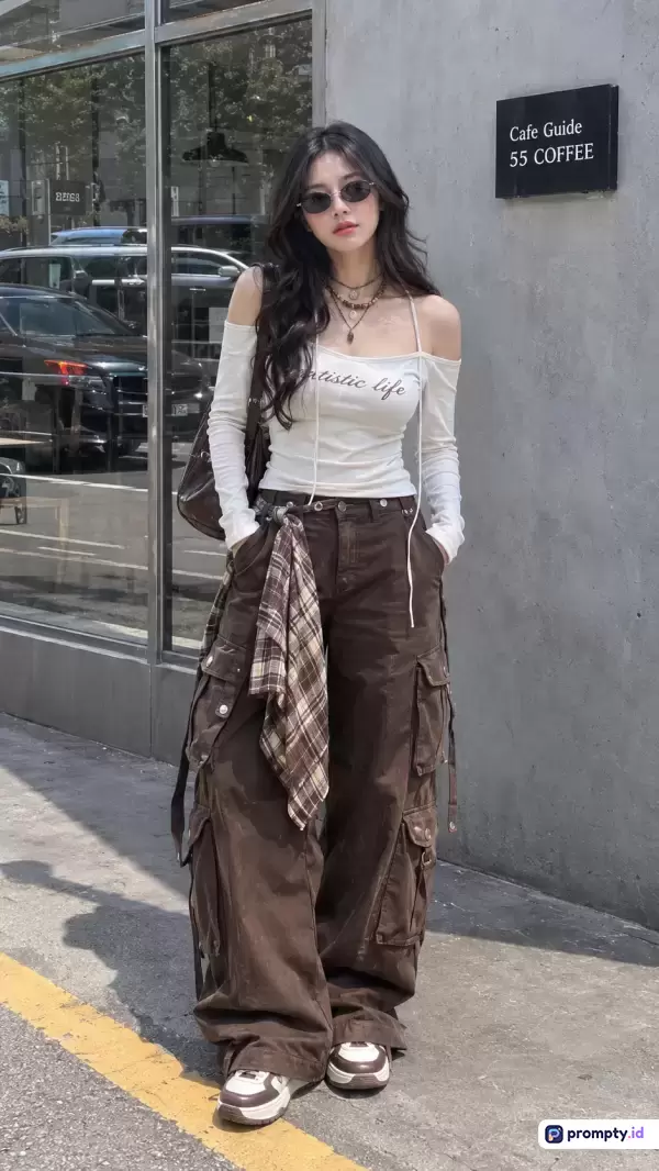 Gambar ini menampilkan gaya fotografi jalanan (street style) kasual dengan konten seorang wanita muda modis mengenakan atasan off-shoulder putih dan celana kargo cokelat beraksen flanel, dianalisis melalui kata kunci mode, tren, dan perkotaan, didominasi oleh warna putih, cokelat tua, dan abu-abu.
