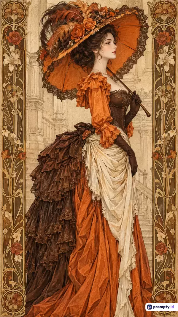 Gambar bergaya ilustrasi Art Nouveau klasik ini menampilkan seorang wanita elegan bergaun Victoria rumit berwarna cokelat, oranye, dan krem, sedang memegang payung anggun di antara bingkai ornamen botani yang indah, dengan kata kunci wanita Victoria, gaun bertingkat, payung besar, gaya Art Nouveau, serta tiga warna dominan yaitu cokelat tua, oranye terracotta, dan krem lembut.