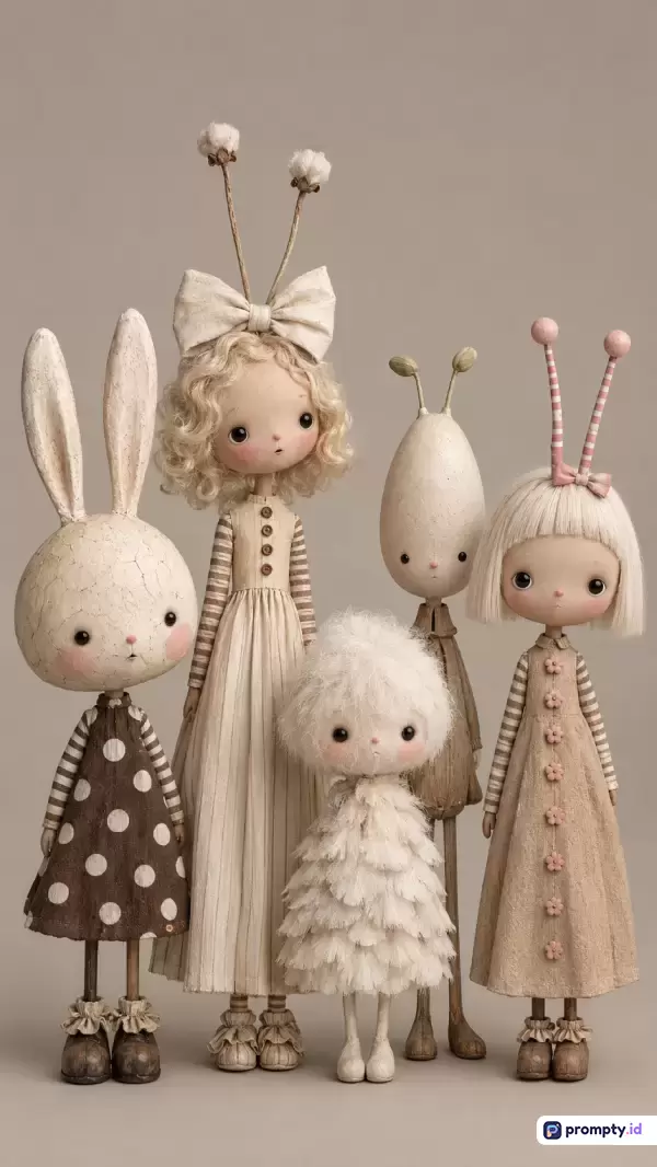 Gambar bergaya seni boneka buatan tangan (handmade doll art) yang whimsical dan surealis ini menampilkan sekelompok lima karakter unik dengan elemen alam dan tekstur kain yang menonjol, diperkaya dengan kata kunci boneka unik, seni fantasi, estetika vintage, dan minimalis, serta didominasi oleh warna cokelat muda, krem, dan putih gading.