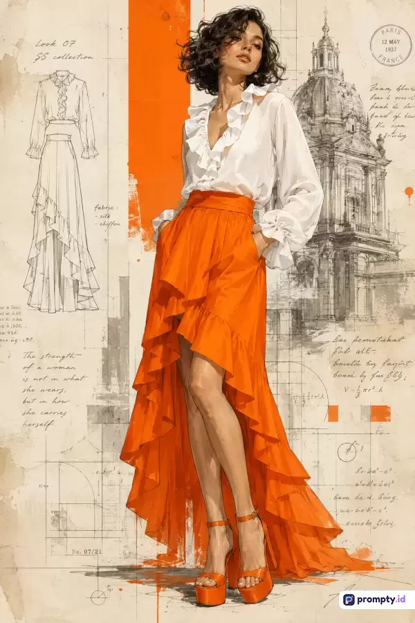 Ilustrasi digital bergaya sketsa mode vintage ini menampilkan seorang wanita elegan berambut pendek mengenakan blus putih berenda dan rok asimetris oranye terang yang kontras dengan latar belakang gambar teknik arsitektur Paris, teks tulisan tangan, serta sketsa rancangan busana, dengan kata kunci mode, ilustrasi, vintage, Paris, wanita, gaya, sketsa, busana, anggun, dan warna dominan oranye terang, putih bersih, serta krem antik.