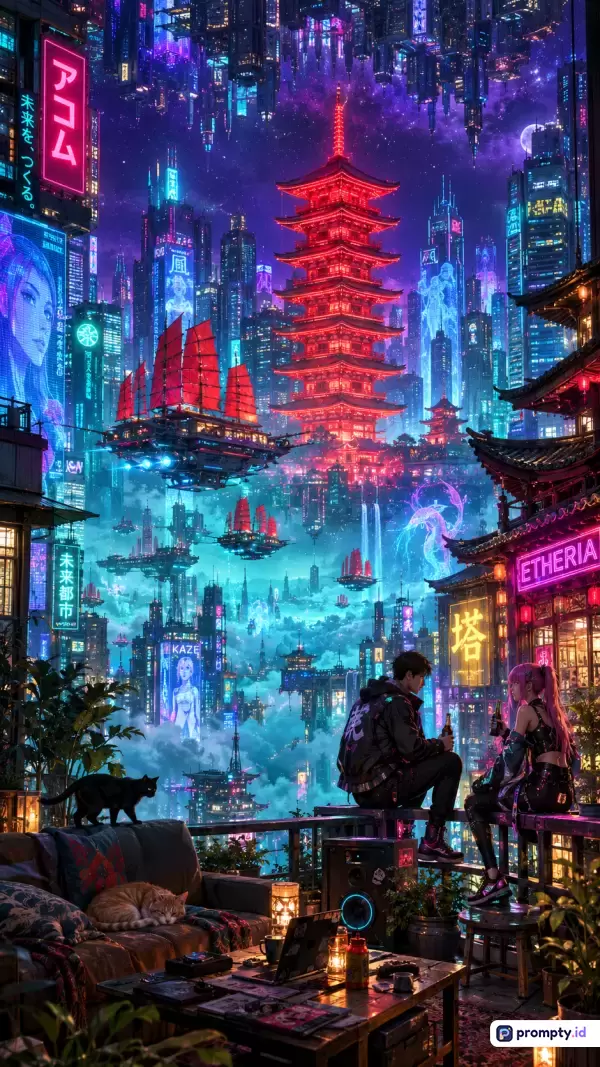Gambar digital bergaya cyberpunk surealis ini menampilkan pemandangan kota futuristik yang dipenuhi pagoda tradisional, kapal terbang, dan papan reklame neon di langit berbintang, dengan tiga warna dominan yaitu ungu, merah, dan biru toska, serta kata kunci: cyberpunk, futuristik, fiksi ilmiah, kota neon, pagoda, dan surealis.