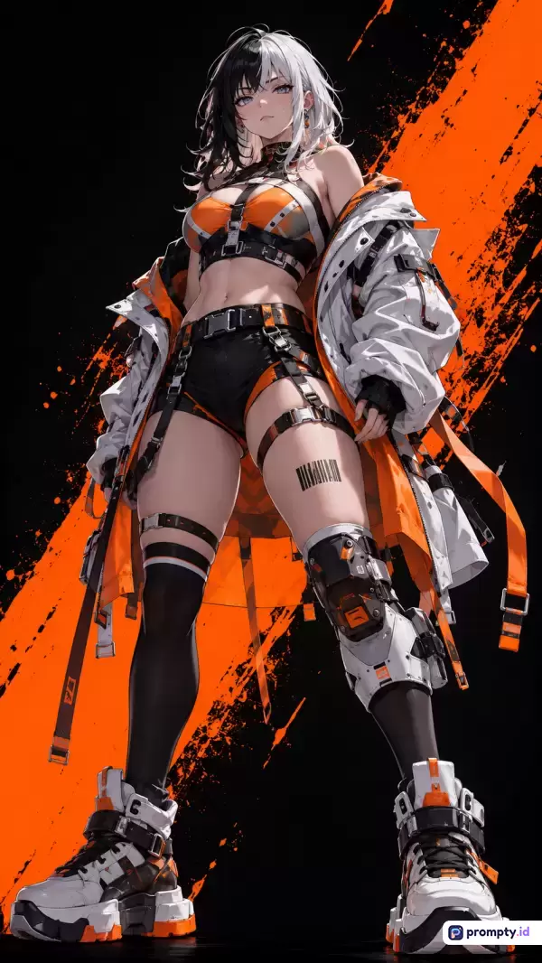 Gambar bergaya ilustrasi anime digital ini menampilkan konten karakter wanita bergaya cyberpunk dengan pakaian taktis modern, menggunakan kata kunci: anime, cyberpunk, wanita, taktis, sci-fi, dengan dominasi warna hitam, putih, dan jingga.