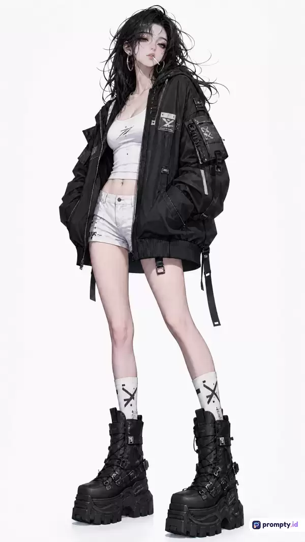Gambar ilustrasi digital bergaya anime modern ini menampilkan seorang gadis berambut hitam acak-acakan mengenakan jaket bomber hitam oversized, crop top putih, celana pendek putih, dan sepatu bot platform tebal dengan latar belakang putih bersih, yang mencakup kata kunci fashion jalanan, cyberpunk, edgy, estetika monokrom, serta didominasi oleh tiga warna utama yaitu hitam, putih, dan abu-abu.