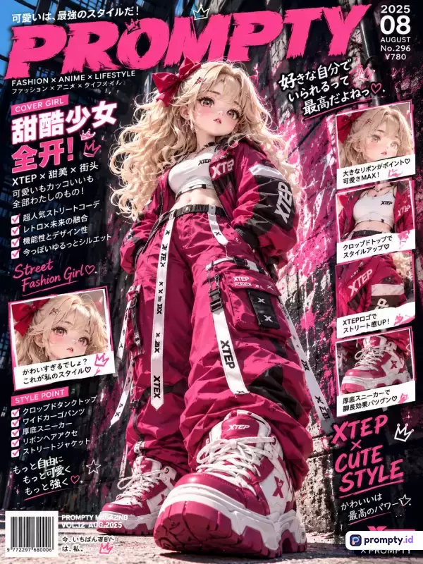Gambar berformat sampul majalah bergaya ilustrasi digital anime ini menampilkan model perempuan muda berambut pirang ikal dengan pakaian *streetwear* magenta dan putih, dikelilingi teks bahasa Jepang dan Inggris, menggunakan palet warna dominan magenta, putih, dan hitam, serta memiliki kata kunci majalah fesyen, *anime*, *streetwear*, *kawaii*, dan *cyberpunk*.