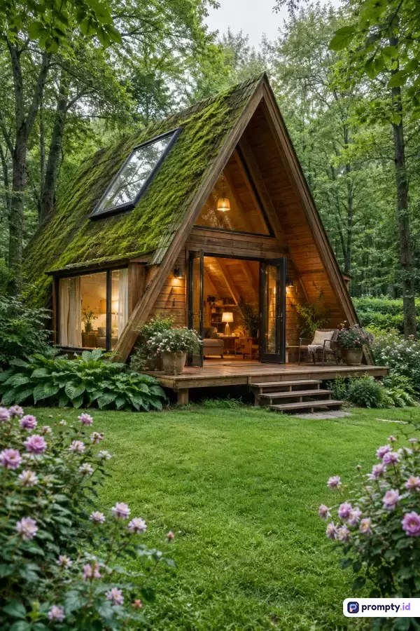 Gambar bergaya fotografi realistis ini menampilkan konten pondok kayu A-frame yang asri di tengah hutan rindang, dengan kata kunci pondok kayu, alam, hutan, kabin, arsitektur, dan ditandai oleh 3 warna dominan yaitu hijau, cokelat, serta putih.