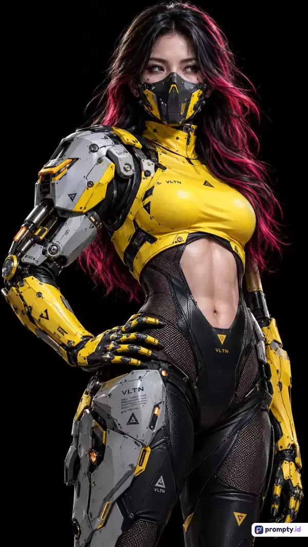 Gambar bergaya digital art fiksi ilmiah ini menampilkan wanita futuristik berambut merah muda dan hitam yang mengenakan topeng taktis, armor sibernetik, serta pakaian tempur, dengan kata kunci: cyborg, cyberpunk, futuristik, wanita, prajurit, dan didominasi oleh warna kuning, hitam, serta abu-abu.