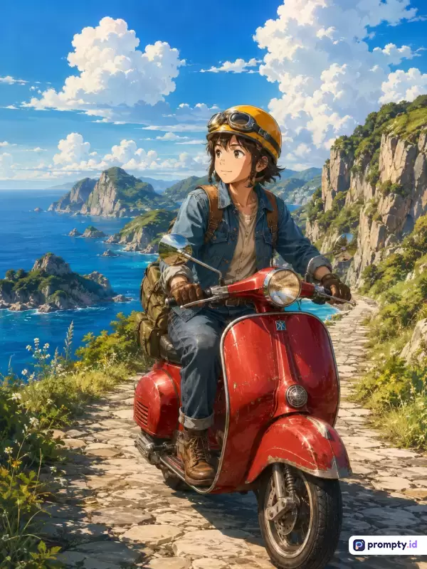 Gambar bergaya ilustrasi anime Makoto Shinkai ini menampilkan seorang petualang muda yang mengendarai skuter merah klasik di jalur pantai berbatu dengan latar laut biru cerah dan tebing hijau berawan, menggunakan kata kunci seperti petualangan, skuter merah, pantai, anime, dan lanskap, serta didominasi oleh warna biru laut, merah terang, dan hijau alam.