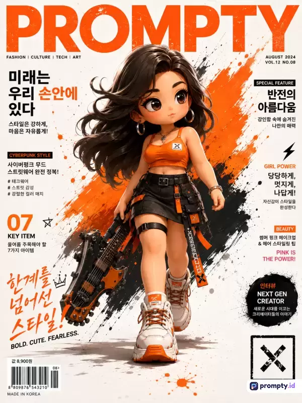 Gambar sampul majalah bergaya seni digital chibi 3D ini menampilkan karakter wanita berambut hitam berpenampilan *cyberpunk* dengan atasan oranye, rok hitam, dan membawa gitar futuristik, dikelilingi oleh teks bahasa Korea serta elemen cat cipratan, dengan tiga warna dominan yaitu oranye, hitam, dan putih.