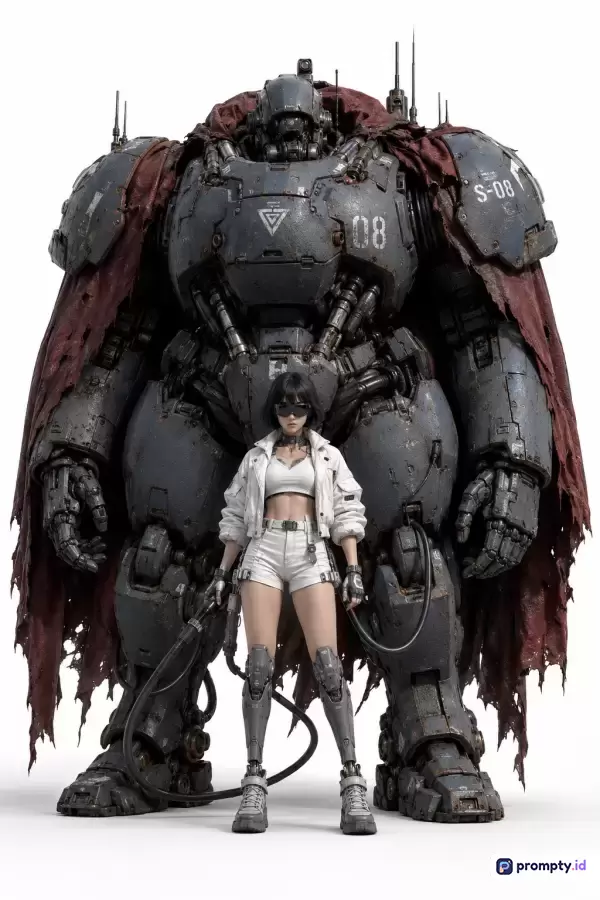 Gambar bergaya digital art fiksi ilmiah realistik ini menampilkan konten seorang wanita berambut pendek memakai pakaian putih dan kacamata hitam yang berdiri perkasa di depan robot tempur mech raksasa berwarna abu-abu gelap berhias jubah merah robek, dengan kata kunci mech futuristik, prajurit wanita, sci-fi cyberpunk, robot tempur, dan latar putih bersih, serta didominasi oleh tiga warna utama yaitu abu-abu gelap, putih, dan merah tua.