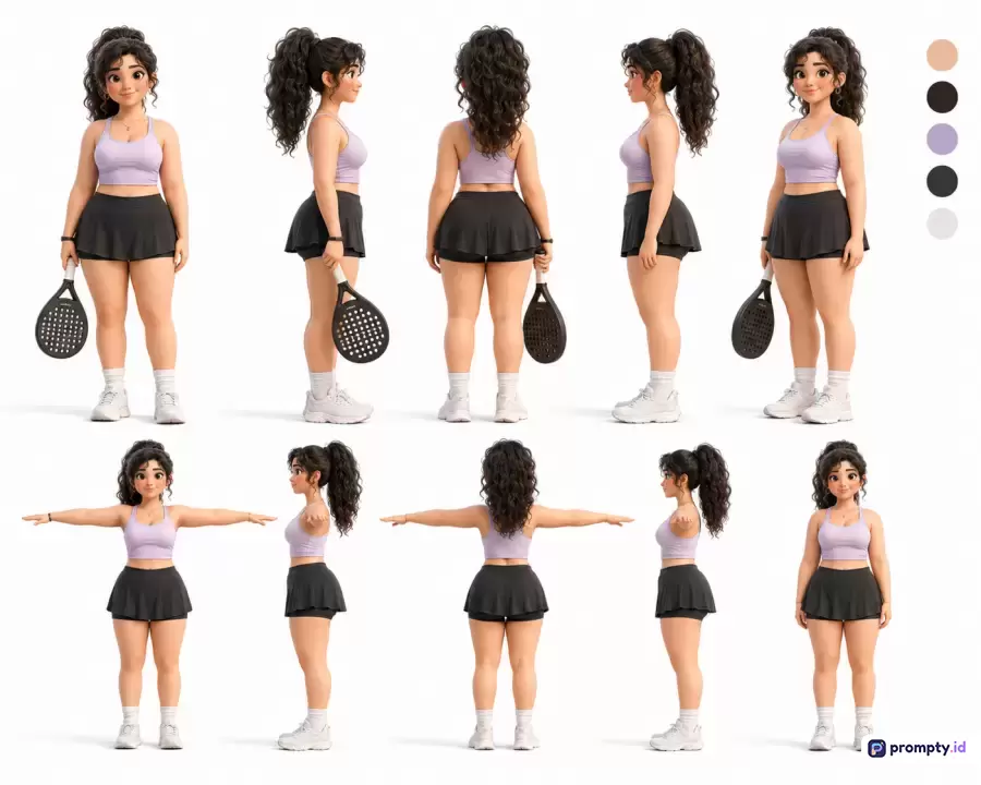 Gambar ini menampilkan karakter lembar model 3D bergaya animasi Disney seorang wanita atletis berambut keriting dengan pakaian olahraga ungu dan hitam, kata kunci: karakter 3D, lembar model, animasi Disney, wanita atletis, tenis, dan tiga warna dominan yaitu ungu muda, hitam, serta putih.