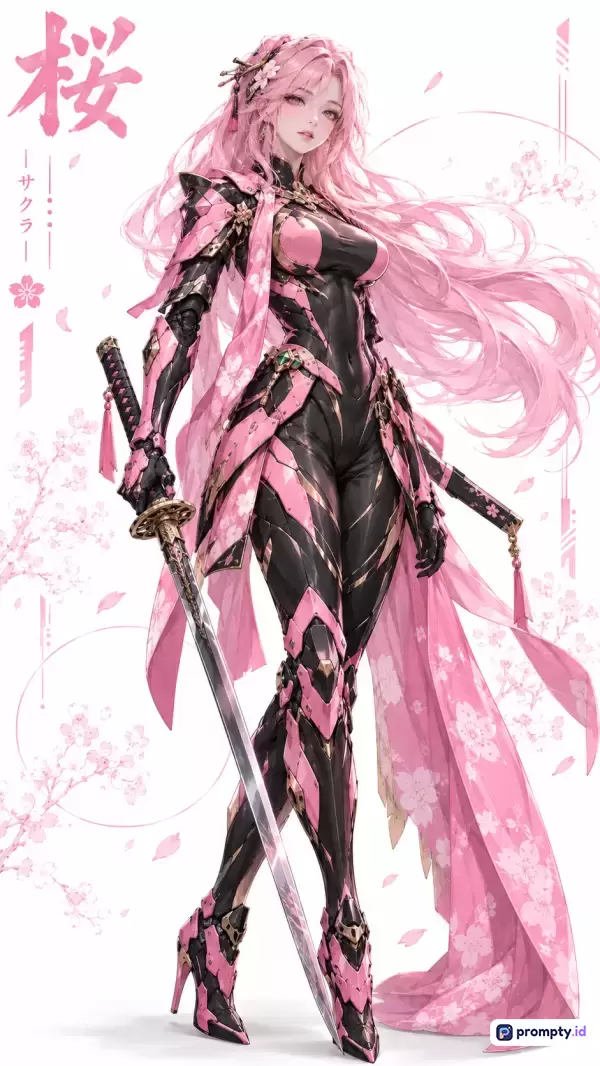 Gambar bergaya ilustrasi digital anime modern ini menampilkan seorang pejuang wanita futuristik berambut panjang dengan balutan armor kombinasi hitam dan merah muda sambil memegang pedang katana, yang diperkaya dengan elemen estetika bunga sakura Jepang berlatar putih bersih, serta dikemas dalam kata kunci seperti fiksi ilmiah, prajurit wanita, mecha, dan cybernetic, didominasi oleh warna merah muda, hitam, dan putih.