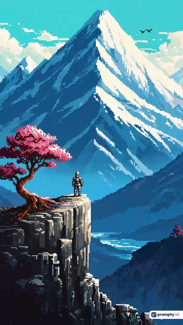 Gambar bergaya seni piksel (pixel art) ini menampilkan konten seorang ksatria berbaju besi yang berdiri di tepi tebing berbatu di bawah pohon sakura merah muda, dengan latar belakang pemandangan megah gunung bersalju di bawah langit biru cerah, serta menggunakan kata kunci ksatria, tebing, gunung salju, pohon sakura, seni piksel, lanskap, petualangan, epik, fantasi, dan retro yang didominasi oleh tiga warna utama yaitu biru tua, putih, dan merah muda.