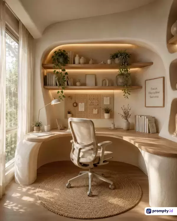 Gambar bergaya modern minimalis organik ini menampilkan ruang kerja yang nyaman dengan dinding berlekuk khas arsitektur gua, berisi konten meja kayu melengkung, kursi ergonomis, papan *pegboard*, tanaman hias gantung, dan rak dinding berpencahayaan hangat, menggunakan kata kunci ruang kerja estetik, interior organik, desain minimalis, dekorasi tanaman, dan pencahayaan alami, didominasi oleh warna krem, cokelat kayu, dan putih gading.