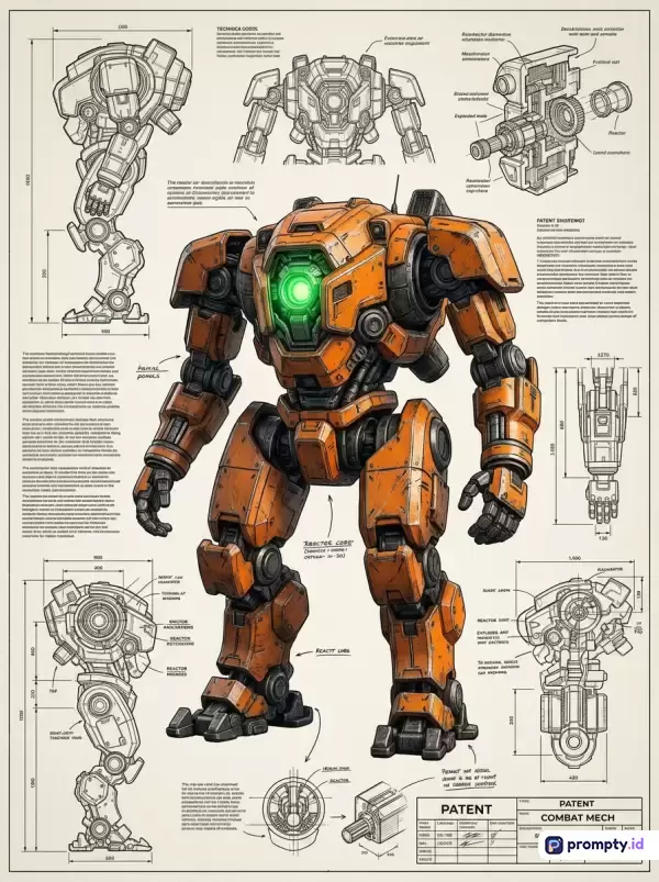 Gambar bergaya ilustrasi cetak biru teknis (*blueprint*) ini menampilkan konten desain robot tempur *mecha* futuristik berwarna oranye dengan inti energi hijau, lengkap dengan berbagai sketsa anatomi, dimensi, dan catatan paten berbahasa fiktif, serta menggunakan kata kunci mecha, robot, sketsa, dan desain industri, dengan dominasi tiga warna yaitu oranye, hijau, dan krem.