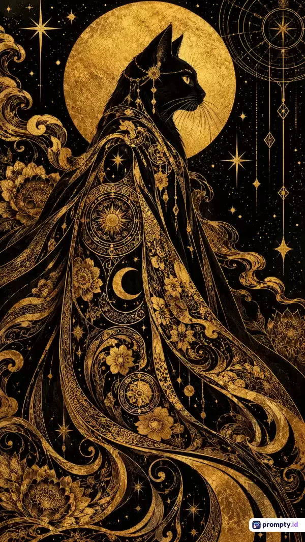 Gambar bergaya seni ilustrasi digital fantasi mistis ini menampilkan konten seekor kucing hitam elegan bermotif jubah astronomi dengan latar bulan emas dan rasi bintang, menggunakan kata kunci kucing hitam, astrologi, jubah emas, mistis, dan seni fantasi, serta memiliki tiga warna dominan yaitu hitam, emas, dan kuning tua.