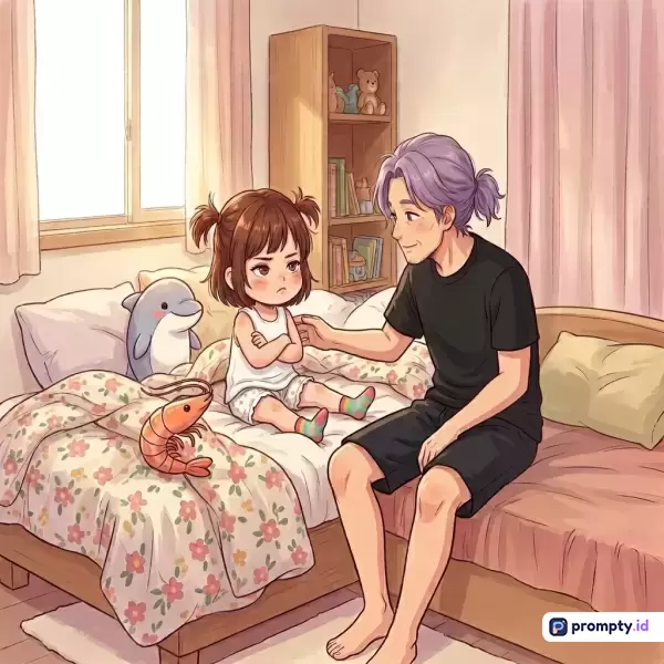 Ilustrasi bergaya anime hangat ini menampilkan seorang ayah berambut ungu berkaos hitam yang sedang mencoba membujuk anak perempuannya yang tampak cemberut dan melipat tangan di atas tempat tidur bermotif bunga, dengan warna dominan cokelat kayu, merah muda pastel, dan hitam.
