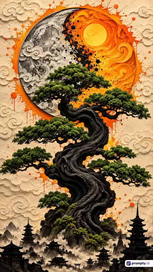 Gambar bergaya lukisan relief tekstur 3D dan surealis ini menampilkan konten pohon bonsai megah di atas lanskap pagoda tradisional, dengan latar belakang simbol Yin dan Yang yang memadukan elemen bulan bertekstur dan matahari menyala, serta diperkaya kata kunci seni oriental, filosofi keseimbangan, alam mistis, dan estetika Asia; didominasi oleh tiga warna utama yaitu jingga cerah, hijau tua, dan krem netral, dengan palet lengkap yang mencakup hitam legam, abu-abu perak, dan kuning keemasan untuk menciptakan harmoni visual yang mendalam dan kontras yang dramatis.
