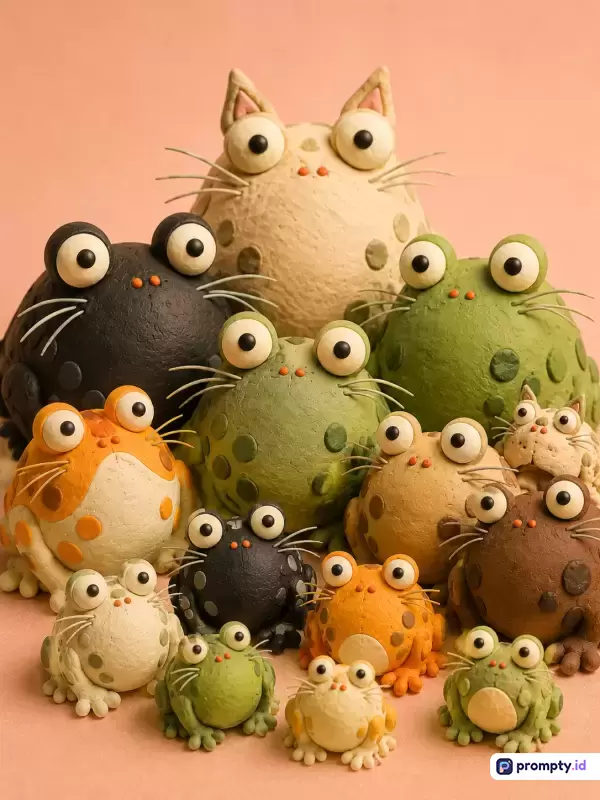 Gambar fotografi studio ini menampilkan karya seni patung tanah liat (clay art) bergaya kawaii/chibi dengan subjek berbagai katak dan makhluk bulat bermata besar, bernuansa warna dominan hijau zaitun, krem pastel, dan oranye terang, yang kaya akan kata kunci seperti patung buatan tangan, seni kerajinan, figurin lucu, dekorasi estetik, dan tekstur organik.
