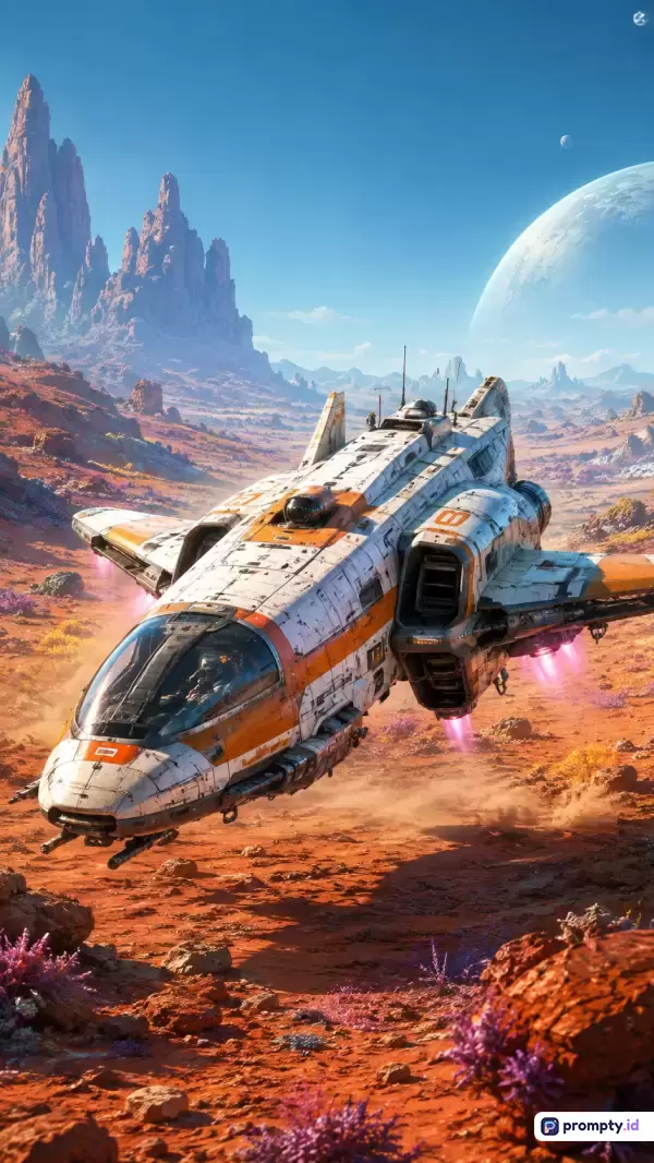 Gambar bergenre fiksi ilmiah dengan gaya ilustrasi digital ini menampilkan konten sebuah pesawat luar angkasa putih bergaris jingga yang sedang terbang rendah di atas permukaan planet berbatu merah dengan latar pegunungan terjal dan planet raksasa di langit, menggunakan kata kunci pesawat luar angkasa, eksplorasi planet, fiksi ilmiah, lanskap alien, petualangan kosmik, serta didominasi oleh warna jingga, putih, dan biru.