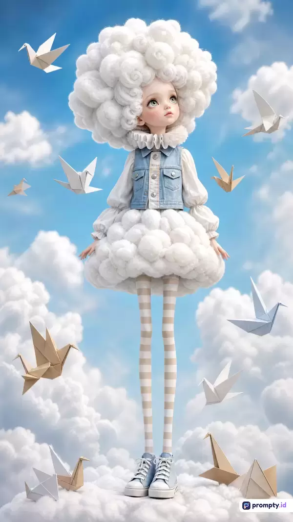 Gambar ber-gaya surealis digital ini menampilkan konten boneka berambut awan tebal dan rok gembung yang dikelilingi origami burung di langit biru, menggunakan kata kunci fantasi, awan, boneka, surealis, origami, dengan palet warna dominan biru langit, putih, dan cokelat muda.