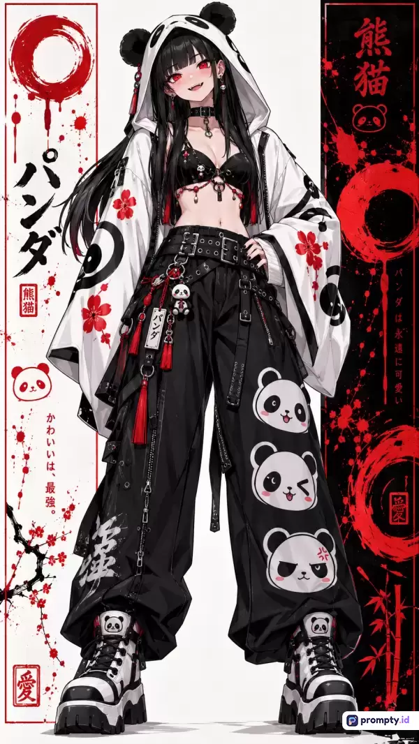 Gambar bergaya anime modern ini menampilkan konten karakter wanita berambut hitam dengan pakaian bertema panda dan streetwear alternatif, menggunakan kata kunci seperti anime, panda, goth, streetwear, dan ilustrasi digital, didominasi oleh warna putih, hitam, dan merah, dengan tiga warna dominan yaitu putih, hitam, dan merah.