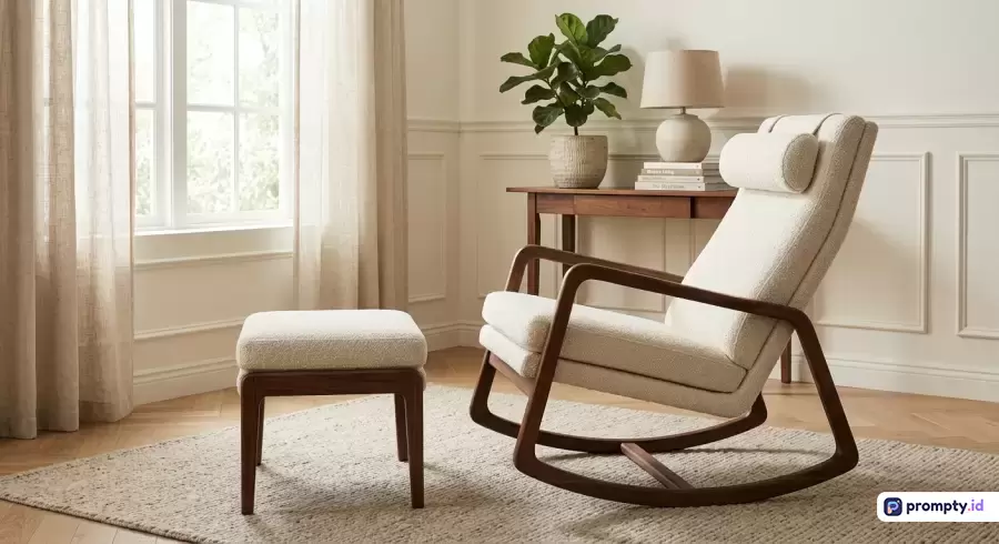 Gambar fotografi interior dengan gaya minimalis modern ini menampilkan konten berupa kursi goyang empuk berwarna krem dengan sandaran kaki yang serasi di ruangan terang, dihiasi meja kayu, lampu meja, tanaman hijau, dan gorden tipis, dengan kata kunci desain interior, kursi goyang, skandinavia, estetika, kenyamanan, serta didominasi oleh warna krem, cokelat kayu, dan putih gading.
