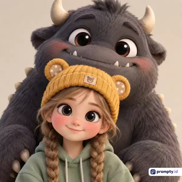 Gambar bergaya animasi 3D Pixar ini menampilkan seorang gadis berambut kepang mengenakan topi kuning beruang dan hoodie hijau sedang tersenyum manis bersama monster berbulu abu-abu gelap bertanduk yang merangkulnya dengan hangat, memuat kata kunci persahabatan, monster lucu, animasi disney, dan ilustrasi anak-anak, dengan tiga warna dominan yaitu abu-abu gelap, kuning mustard, dan hijau sage.