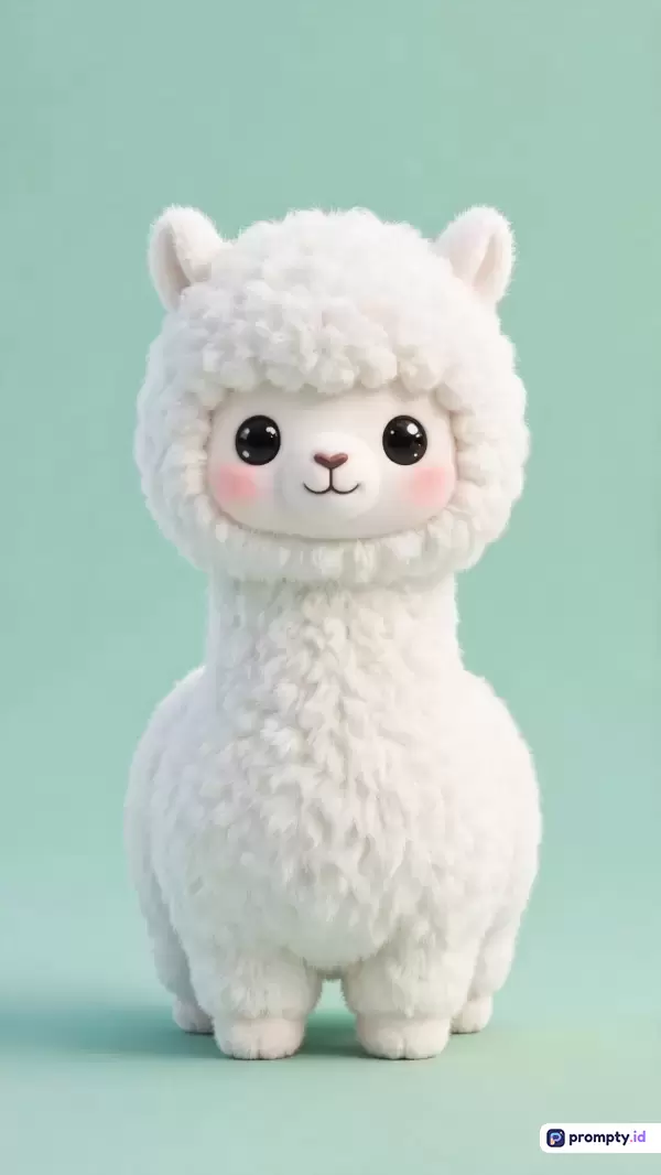 Gambar bergaya 3D digital render beresolusi tinggi ini menampilkan konten berupa boneka alpaka putih berbulu lebat dengan pipi merona merah muda yang menggemaskan, berlatar belakang polos warna hijau mint, dengan kata kunci alpaka, boneka, lucu, 3D, dan kawaii, serta didominasi oleh warna putih, hijau mint, dan merah muda lembut.