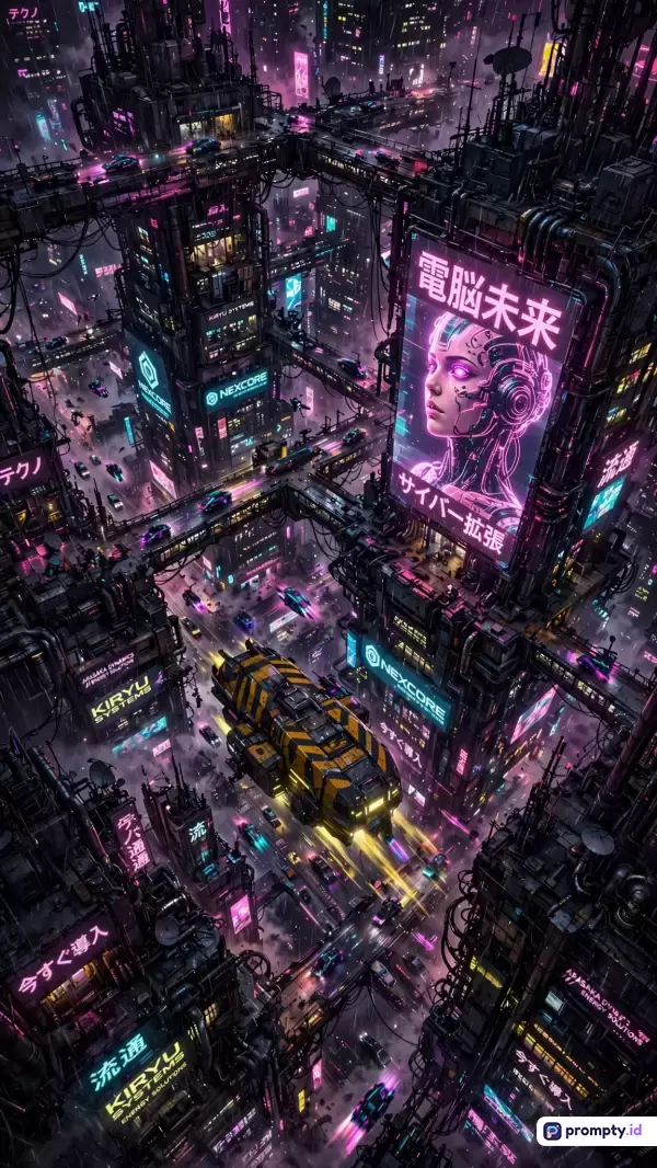 Gambar digital bergaya sci-fi cyberpunk ini menampilkan pemandangan kota futuristik yang padat dengan gedung pencakar langit berstruktur kompleks, jembatan layang, dan papan reklame neon digital, dengan konten utama berupa kapal terbang kuning besar yang melintas di antara bangunan di tengah dominasi warna hitam, ungu, dan merah muda, serta kata kunci: cyberpunk, kota futuristik, sci-fi, neon, dystopia.