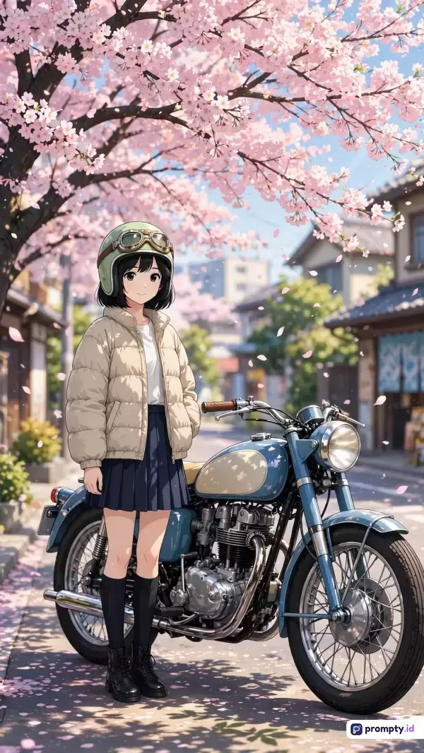 Gambar berformat ilustrasi anime ini menampilkan seorang gadis berambut pendek mengenakan jaket puffer krem, rok biru tua, dan helm hijau retro yang berdiri anggun di samping sepeda motor klasik berwarna biru muda di jalanan Jepang dengan latar belakang pohon sakura yang bermekaran, menyuguhkan suasana musim semi yang estetik dengan kata kunci utama gadis anime, sepeda motor klasik, bunga sakura, musim semi, dan gaya retro, didominasi oleh warna merah muda, biru, dan krem.