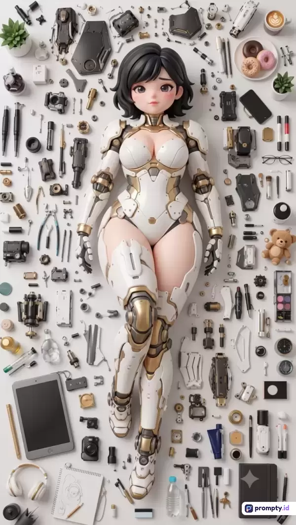 Gambar bergaya render 3D semi-realistis dengan gaya anime ini menampilkan karakter wanita cyborg berbaju zirah putih-emas yang dikelilingi berbagai objek teknologi dan sehari-hari seperti tablet, kamera, tanaman, dan makanan dalam komposisi *knolling* yang rapi, dengan palet warna dominan putih, emas, dan hitam, serta kata kunci: cyborg, anime 3D, wanita futuristik, knolling, teknologi, robot, fiksi ilmiah, seni digital, estetika.
