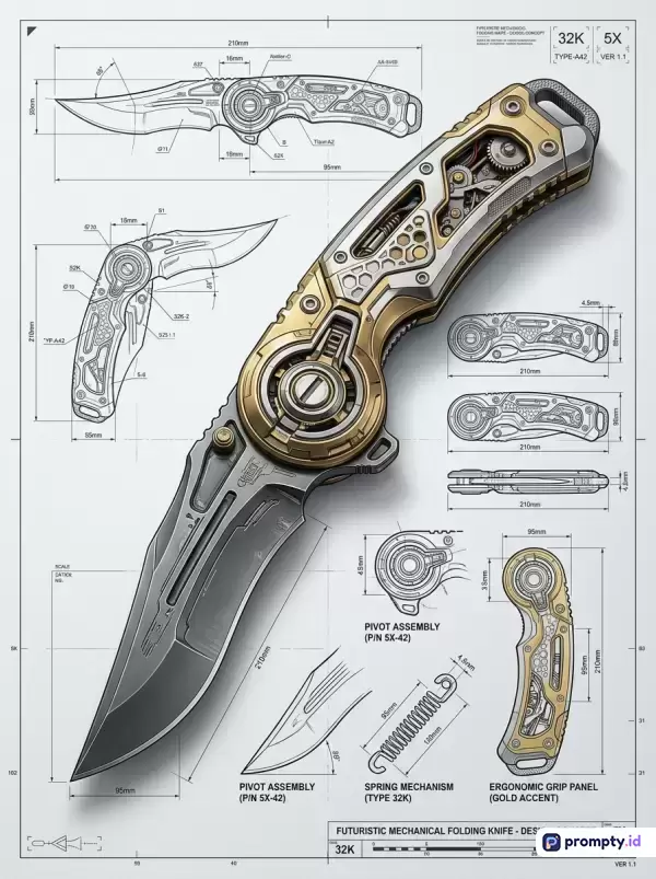 Gambar berkonsep desain industri futuristik ini menampilkan ilustrasi sketsa teknik mekanis sebuah pisau lipat canggih dengan gaya ilustrasi digital blueprint yang mendetail, berisi konten visual berupa diagram teknik, ukuran dimensi, dan komponen mesin, serta menggunakan kata kunci pisau lipat, desain industri, cetak biru, mekanik, sketsa teknik, dengan dominasi warna abu-abu, emas, dan putih.