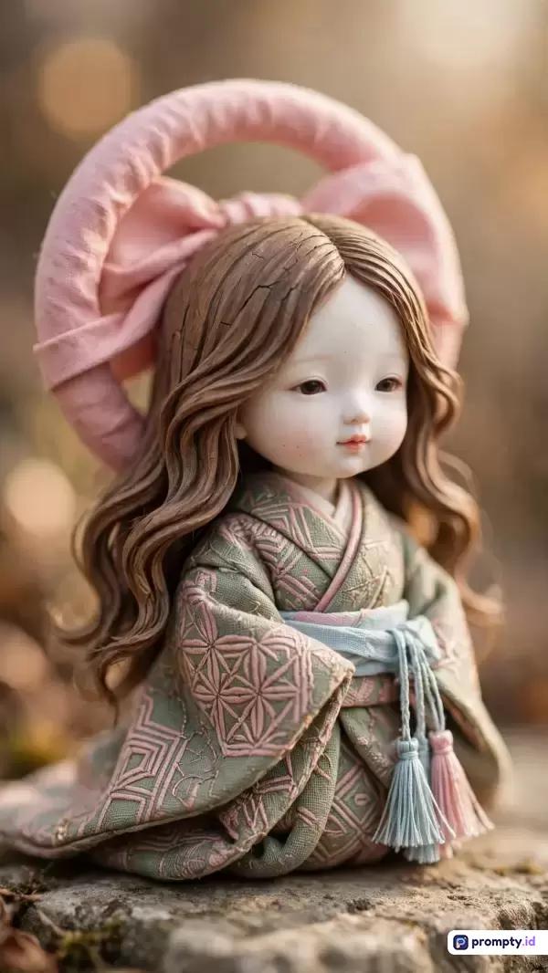 Gambar fotografi makro berkualitas tinggi ini menampilkan boneka porselen buatan tangan bergaya Jepang yang mengenakan kimono bermotif geometris dengan latar belakang bokeh alami, berfokus pada estetika tradisional, detail artistik, dan keanggunan budaya yang diwakili oleh kata kunci boneka tradisional, kimono, kerajinan tangan, estetika Jepang, dan fotografi makro, serta didominasi oleh warna cokelat, hijau sage, dan merah muda pastel.
