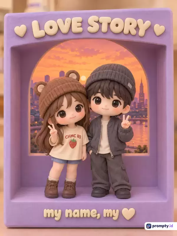 Gambar dengan gaya figurin 3D chibi ini menampilkan konten sepasang kekasih berlatar pemandangan senja kota dan bingkai ungu bertuliskan LOVE STORY, yang menggunakan kata kunci diorama, romantis, pasangan, kartun, dan miniatur, serta didominasi oleh warna ungu, cokelat, dan oranye.