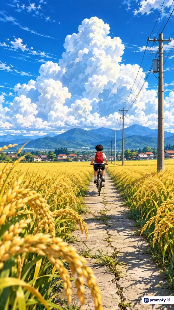 Gambar bergaya anime Makoto Shinkai ini menampilkan konten seorang anak beransel merah yang sedang mengendarai sepeda di jalan setapak di tengah sawah padi menguning, dengan kata kunci anak kecil, bersepeda, sawah, awan kumulus, pedesaan Jepang, tiang listrik, dan pegunungan, serta didominasi oleh warna biru langit, kuning keemasan, dan hijau.