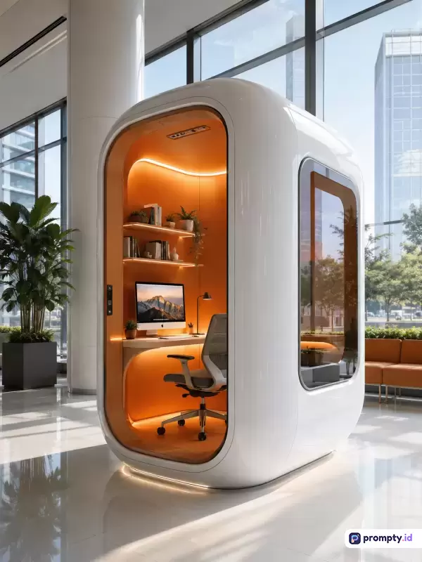 Gambar fotografi bergaya modern futuristik ini menampilkan bilik kerja privat berbentuk kapsul putih di dalam ruang kantor terbuka dengan dominasi warna putih, oranye, dan abu-abu, yang memuat konten komputer, kursi kantor, rak buku, dan tanaman hias untuk kata kunci pod kantor, ruang kerja futuristik, pod kerja privat, dan desain interior modern.