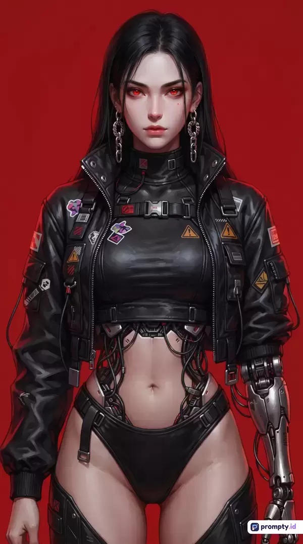 Gambar bergaya anime digital art ini menampilkan karakter wanita cyborg berambut hitam panjang dengan mata merah, mengenakan jaket kulit hitam penuh stiker, crop top, serta lengan dan bagian perut mekanis yang futuristik, dengan kata kunci: wanita, cyborg, fiksi ilmiah, anime, cybernetic, jaket hitam, mata merah, futuristik, robot, seni digital; serta tiga warna dominan yaitu merah, hitam, dan perak.
