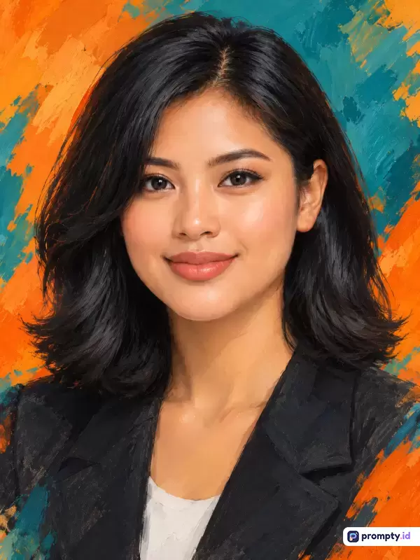 Gambar bergenre lukisan digital bergaya impresionis ini menampilkan potret seorang wanita Asia berambut hitam pendek dan berbusana formal gelap dengan latar belakang sapuan kuas yang abstrak, memiliki kata kunci potret wanita, seni digital, lukisan, profesional, dan ekspresif, serta didominasi oleh warna oranye, biru teal, dan hitam.
