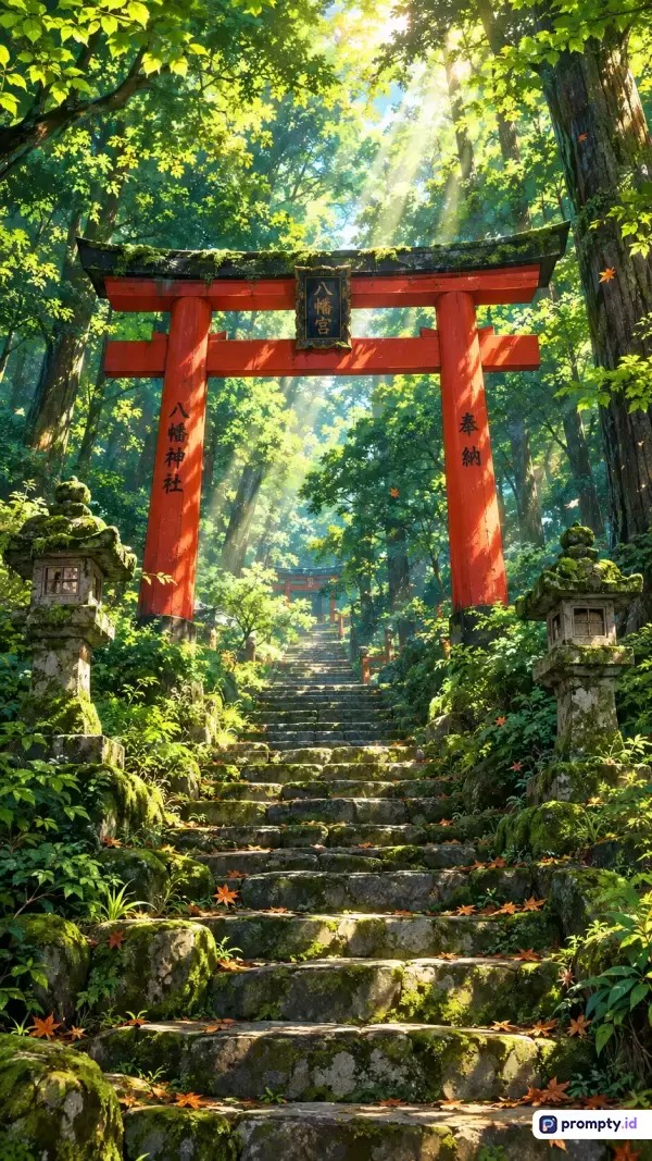 Gambar bergaya ilustrasi anime digital yang menampilkan gerbang torii merah cerah di tengah hutan rimbun dengan tangga batu berlumut dan cahaya matahari tembus, diperkaya dengan kata kunci Jepang, kuil, dan alam, didominasi oleh warna hijau daun, merah oranye, dan cokelat tanah.