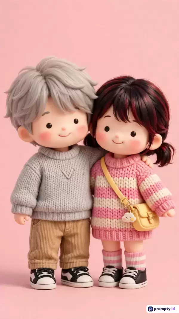 Gambar dengan gaya figurin 3D chibi ini menampilkan konten sepasang boneka anak laki-laki dan perempuan berpenampilan modis musim dingin dalam latar merah muda, menggunakan kata kunci boneka 3D, chibi, pasangan, musim dingin, dan estetika, serta didominasi oleh warna merah muda, abu-abu, dan cokelat.