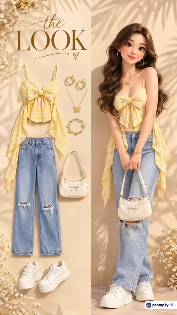 Gambar bergaya ilustrasi digital mode kasual ceria ini menampilkan konten berupa inspirasi padu-padan busana wanita dengan atasan kuning kotak-kotak beraksen pita, celana jeans koyak, dan tas putih, yang relevan dengan kata kunci fashion, gaya busana, pakaian wanita, OOTD, dan ilustrasi estetis, didominasi oleh warna kuning, putih, dan biru muda.