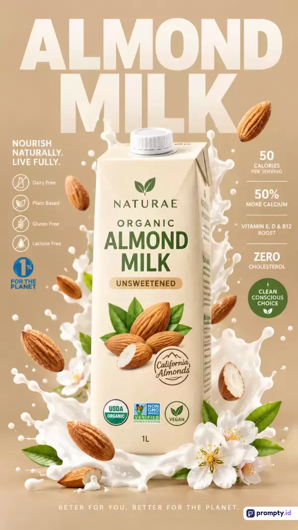 Gambar bergaya iklan komersial modern beresolusi tinggi ini menampilkan konten berupa kemasan karton susu almond organik Naturae yang dikelilingi cipratan susu segar, biji almond utuh dan belah, serta bunga putih, dengan tiga warna dominan yaitu krem, putih, dan hijau, serta memuat kata kunci seperti susu almond, organik, vegan, bebas laktosa, dan nutrisi sehat.