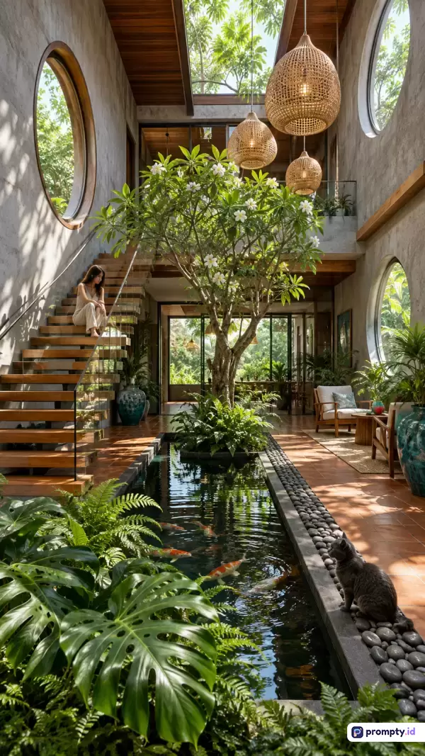 Gambar bergaya arsitektur tropis modern ini menampilkan interior rumah dua lantai yang asri dengan konten berupa kolam ikan koi indoor, pohon kamboja besar di tengah ruangan, tangga kayu minimalis, jendela bulat, dan pencahayaan alami, serta diperkaya dengan kata kunci interior tropis, rumah ramah lingkungan, dan arsitektur biofilik, yang didominasi oleh warna cokelat kayu, hijau daun, dan abu-abu semen.