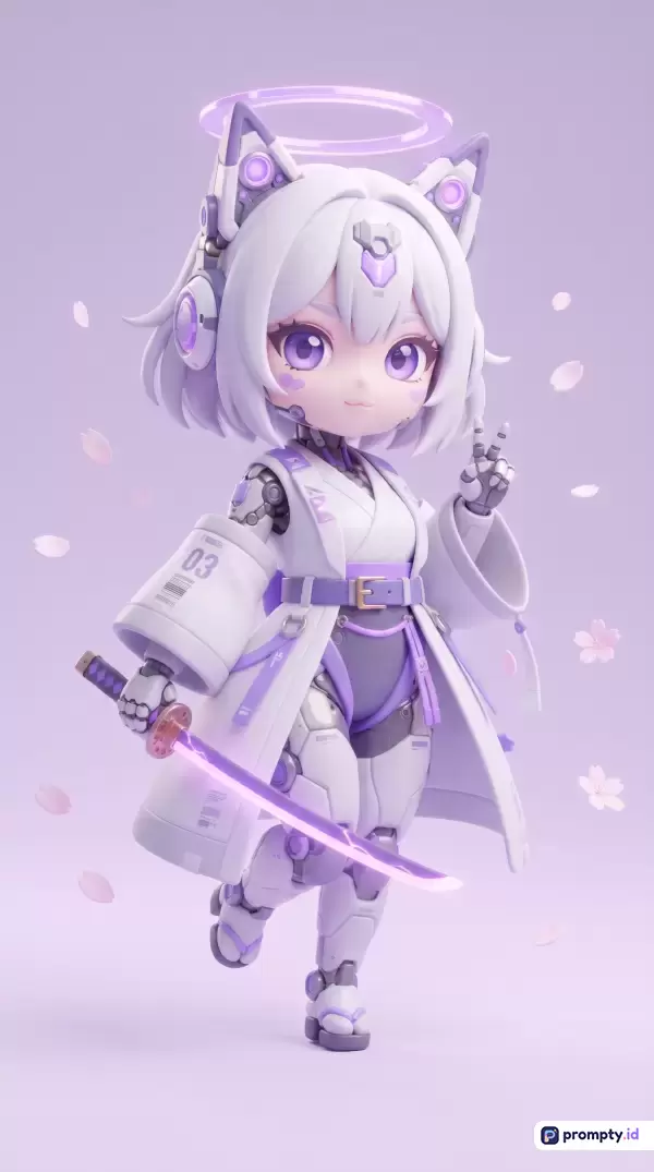 Gambar digital bergaya 3D *chibi* anime ini menampilkan karakter cyborg wanita berambut putih dengan telinga kucing, halo digital, dan katana bercahaya, dikelilingi kelopak bunga sakura melayang, dengan kata kunci karakter futuristik, mecha, sci-fi, anime, kawaii, dan dominasi tiga warna yaitu ungu muda, putih, dan abu-abu.